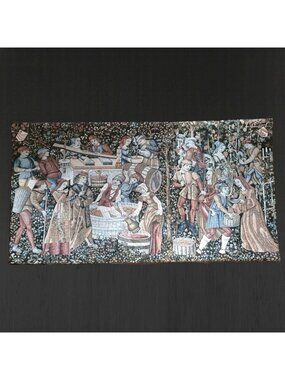 Vtg European Wall Tapestry Wall Art Wine Medieval Wine Harvest Scene 48" x 26"